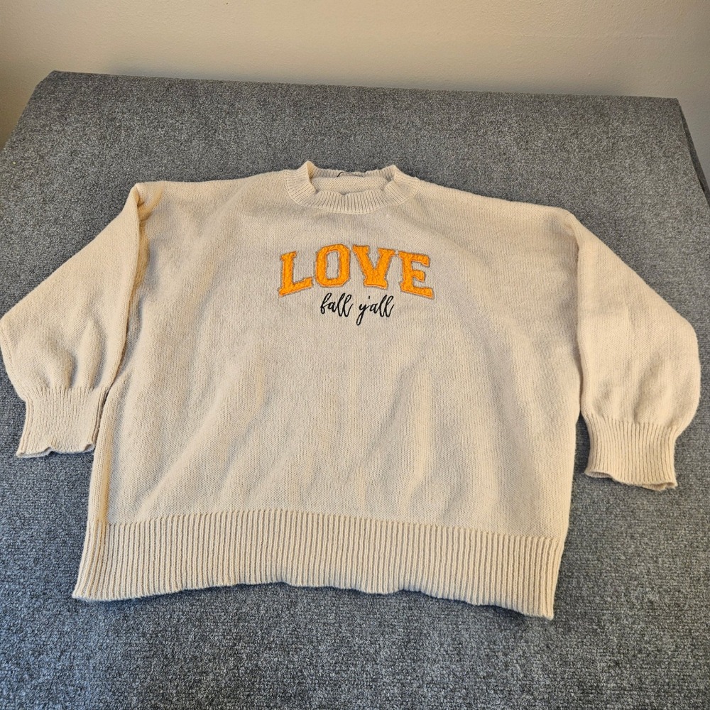Love in Faith Womens 3XL Cream LOVE Fall Y'all Sequin Applique Knit Sweater - Picture 1 of 5